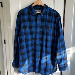 Duluth Trading Co Flannel Shirt Mens Large Blue Black Plaid Button Up Workwear